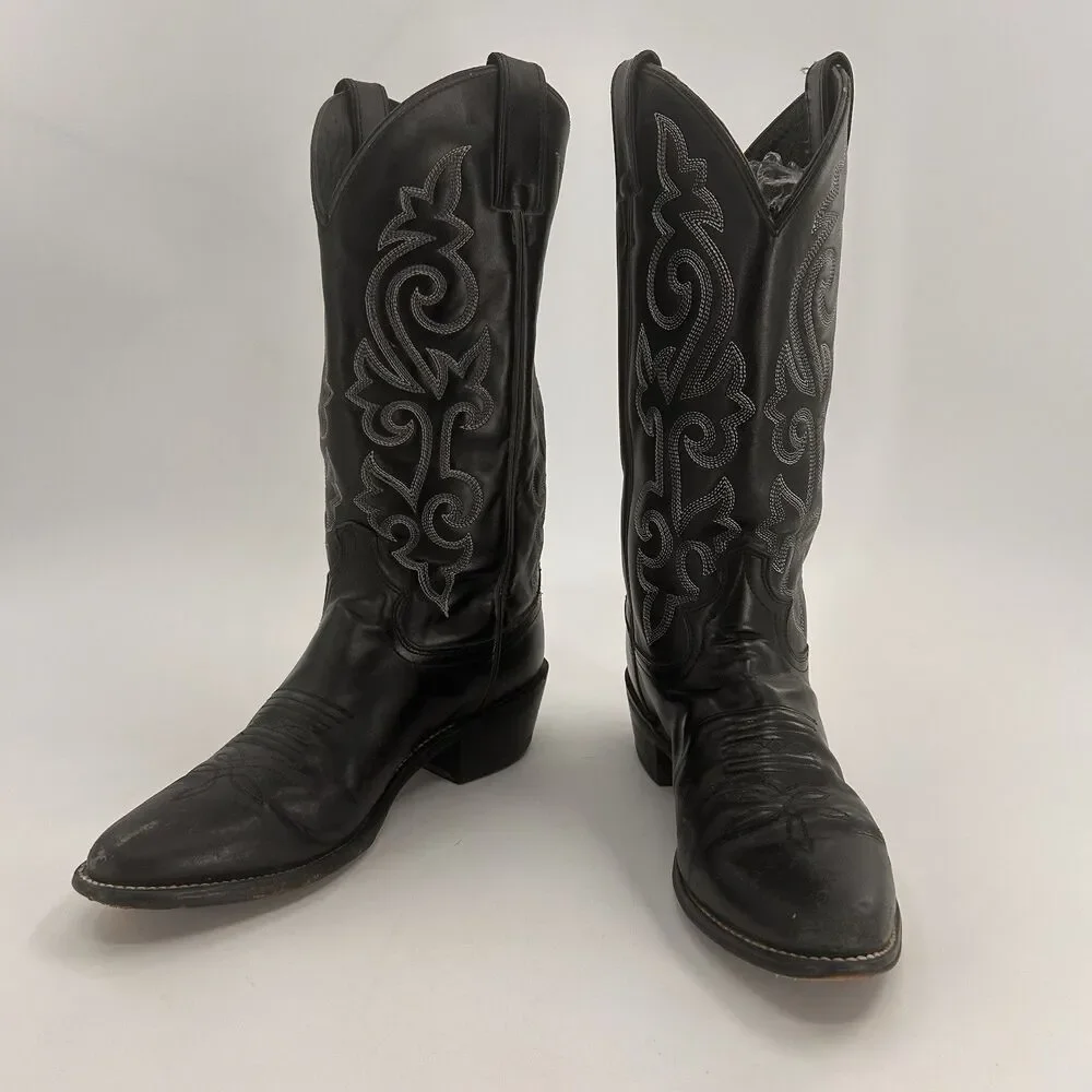 Justin Cowboy Boots 8.5 D Black Leather Western Scroll Stitch 1409 Pointed Toe